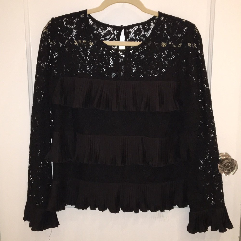 Long sleeve black lace shirt with ruffles